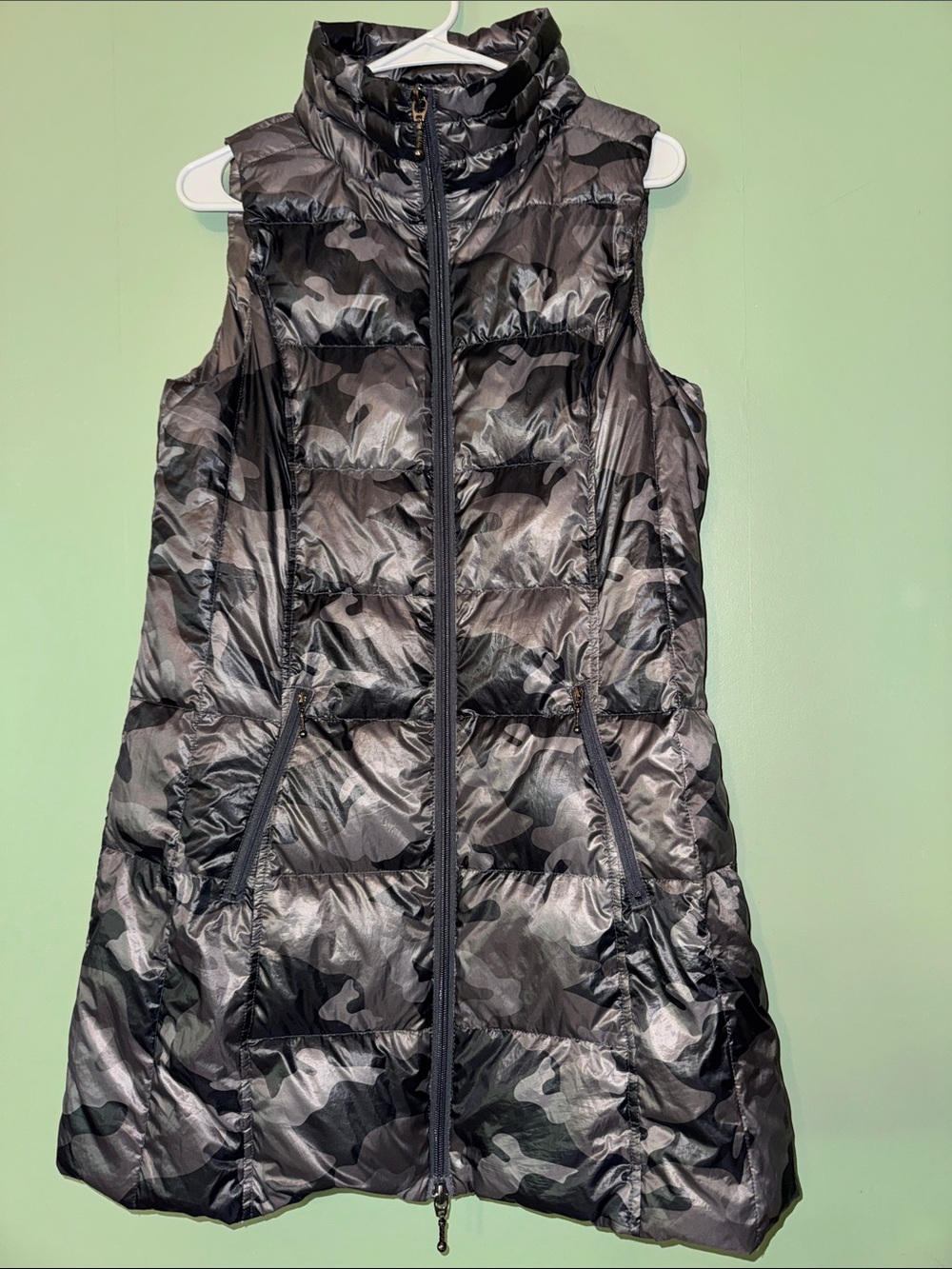 My Anorak Long Printed Duck Down Vest Pewter Camo Medium